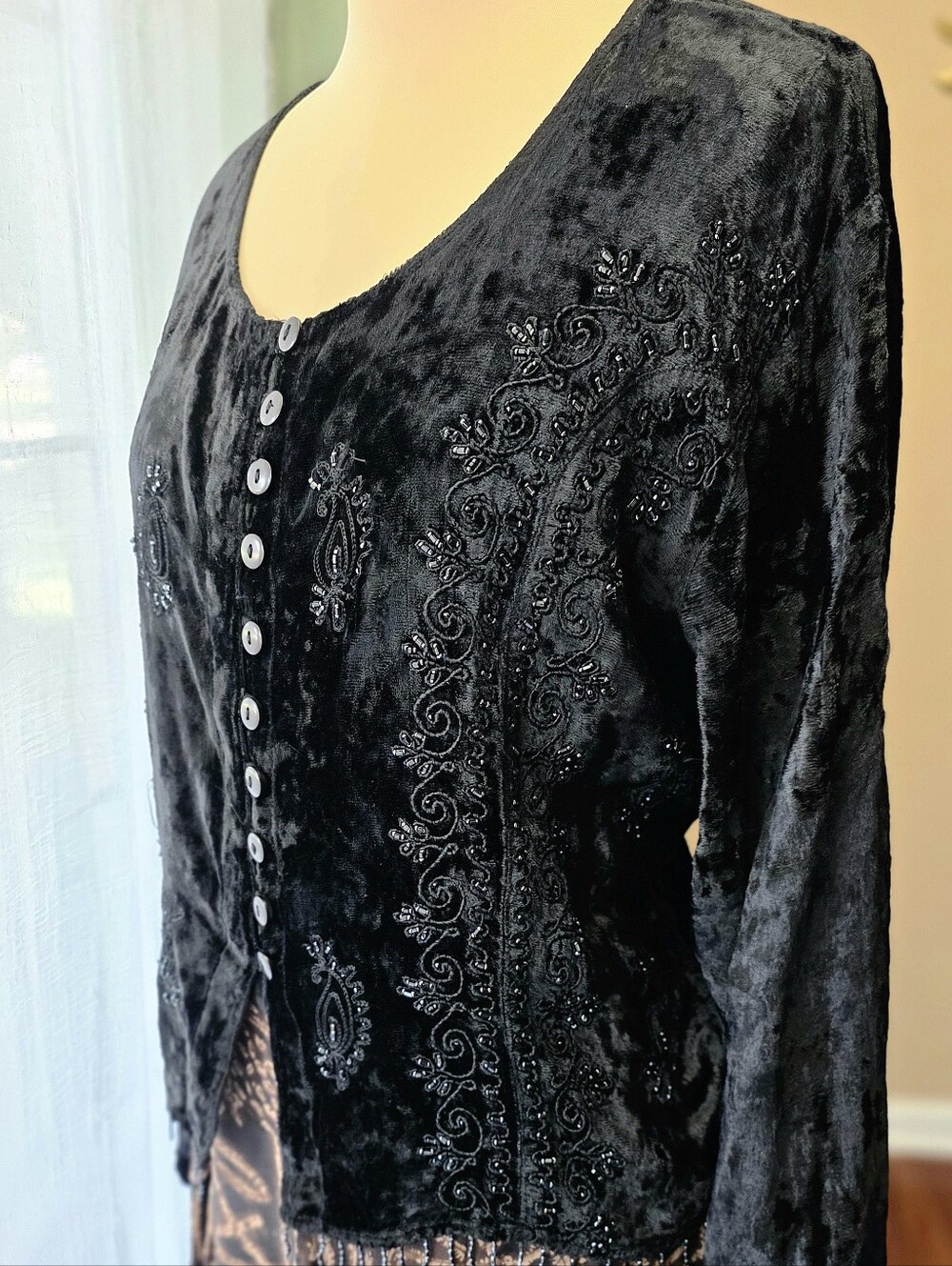 Vintage Citrine Black Crushed Velvet Beaded Cardigan 12 Whimsigoth Y2K Gothic